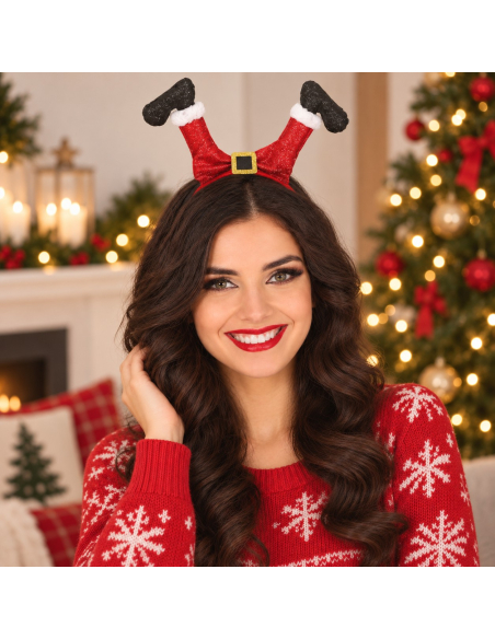 Serre-tête jambes de Père Noël rouge à paillettes