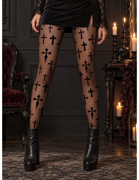 Collants résille noirs à croix gothiques – Femme taille unique