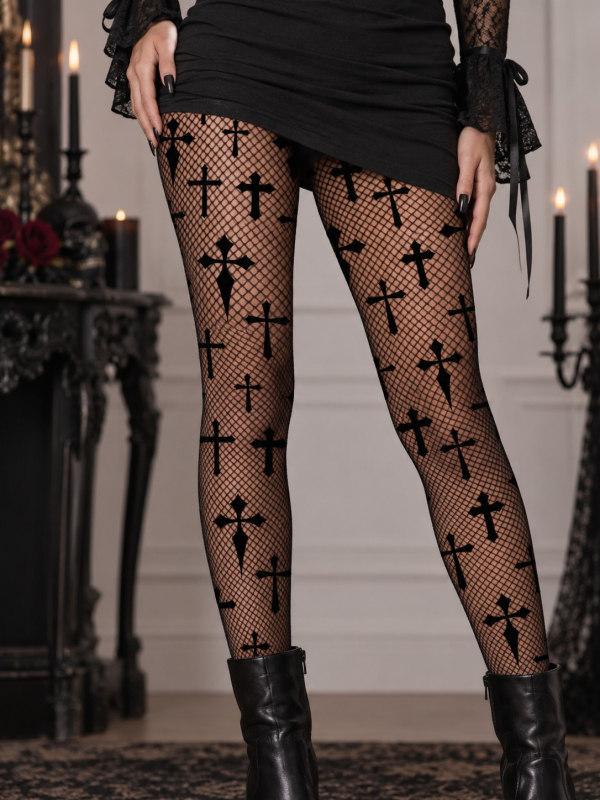 Collants résille noirs à croix gothiques – Femme taille unique