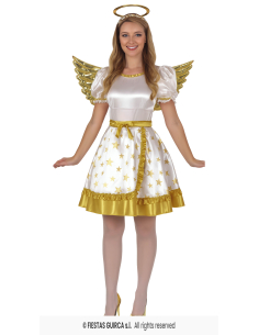 Déguisement ange femme blanc et or avec ailes dorées 2