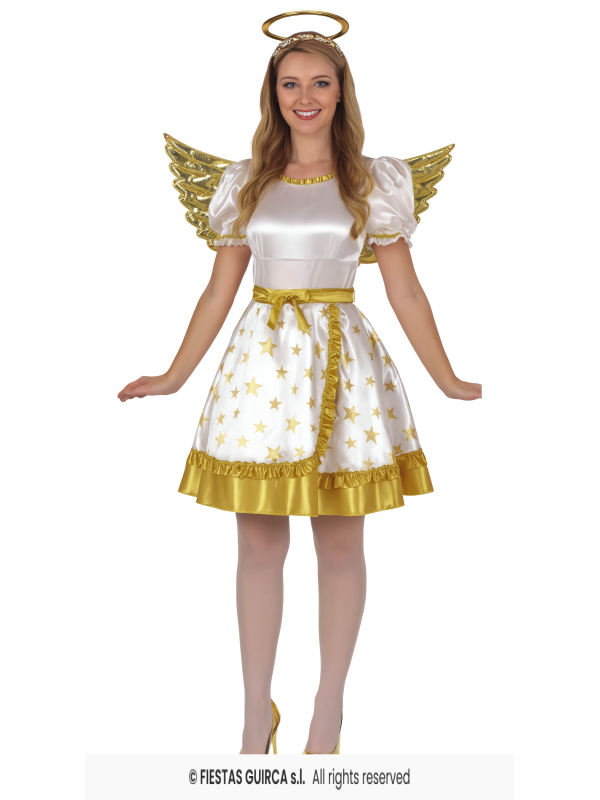Déguisement ange femme blanc et or avec ailes dorées