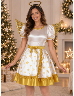 Déguisement ange femme blanc et or avec ailes dorées