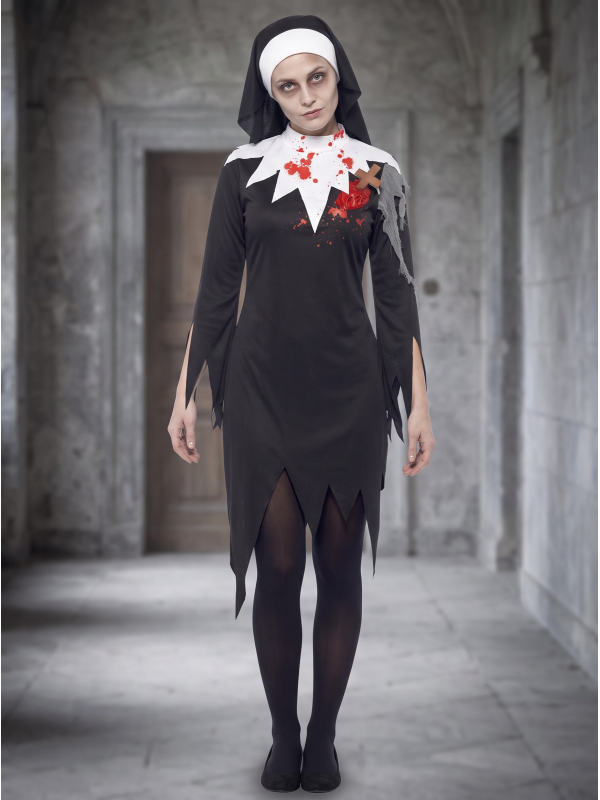 Déguisement nonne zombie femme avec blessure en latex