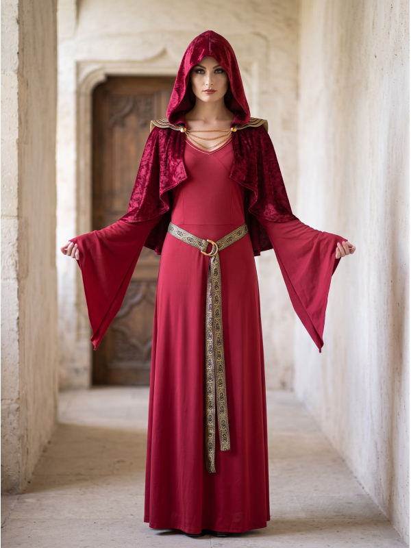 Déguisement médiéval femme rouge à capuche