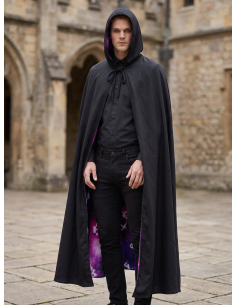 Cape Halloween adulte réversible noire et violette à capuche