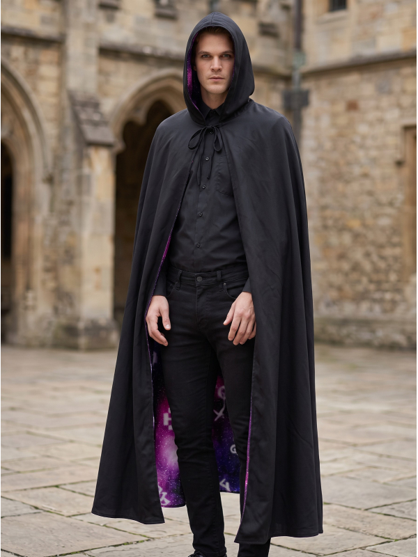 Cape Halloween adulte réversible noire et violette à capuche