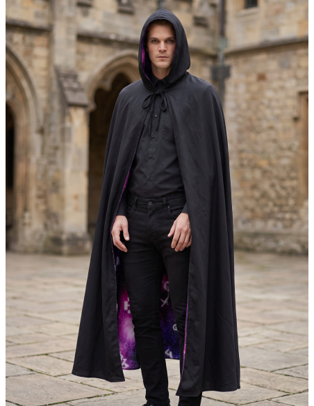 Cape Halloween adulte réversible noire et violette à capuche
