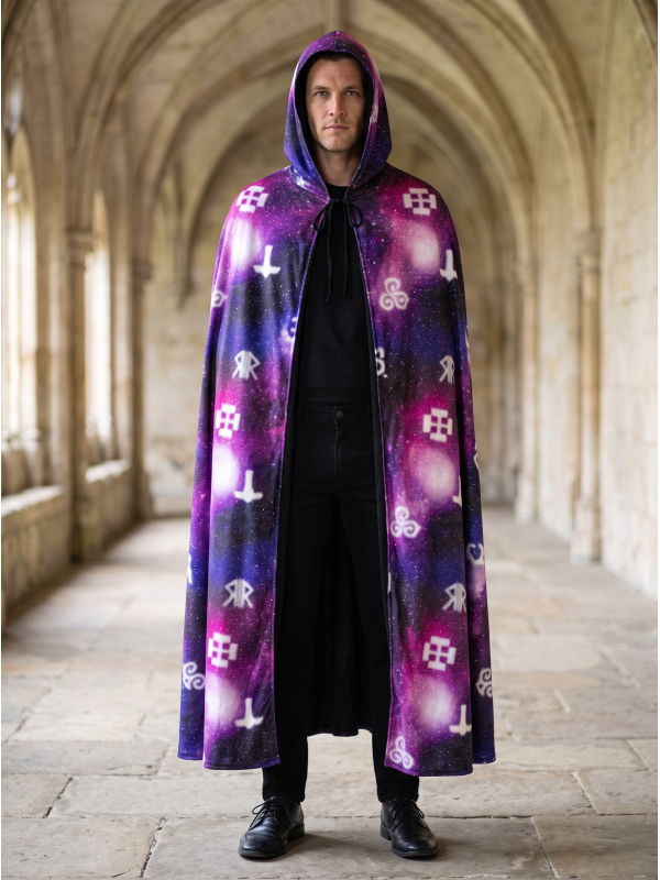 Cape Halloween adulte réversible noire et violette à capuche