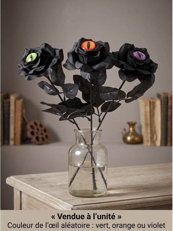 Rose noire avec œil de monstre Halloween – 43 cm