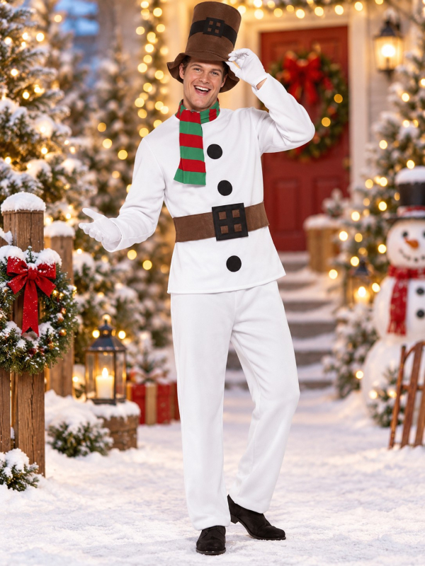 Déguisement bonhomme de neige homme avec chapeau et écharpe face