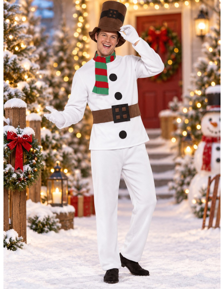 Déguisement bonhomme de neige homme avec chapeau et écharpe face