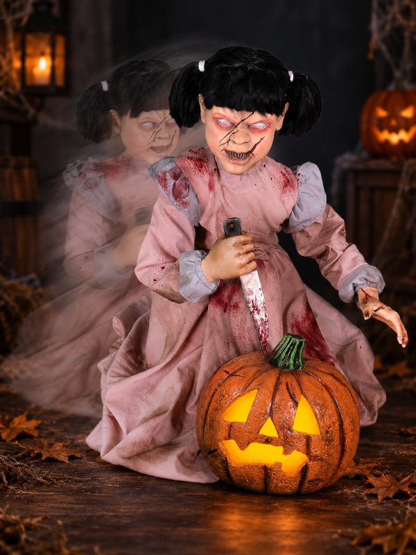 Automate Halloween Fille Zombie Sculptrice de Citrouille Bondissante – Exclusivité Déguiz-Fêtes