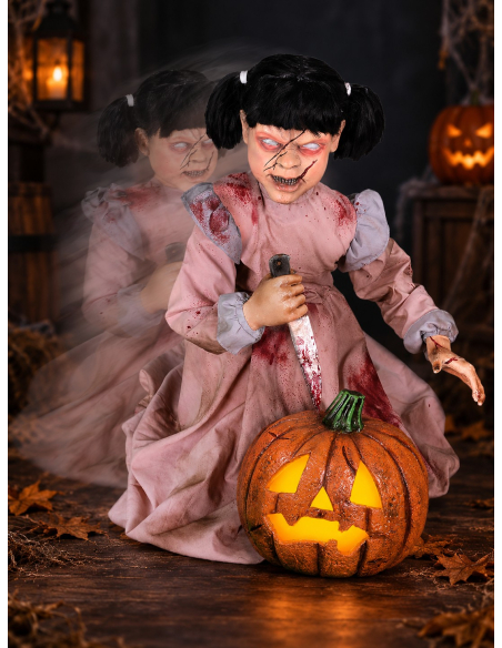 Automate Halloween Fille Zombie Sculptrice de Citrouille Bondissante – Exclusivité Déguiz-Fêtes