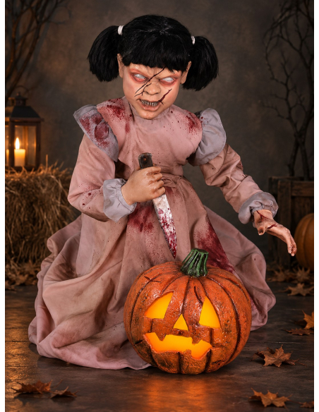 Automate Halloween Fille Zombie Sculptrice de Citrouille Bondissante – Exclusivité Déguiz-Fêtes