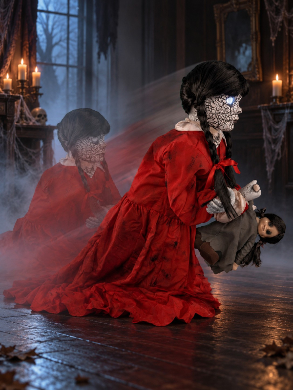 Automate Halloween Fille Hantée Bondissante avec Poupée – Effet de Surgissement au Sol