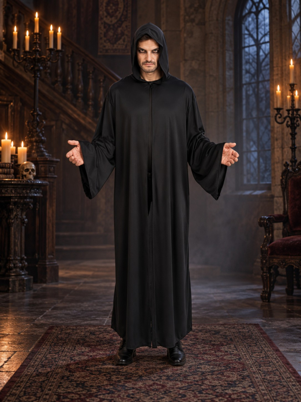 Cape noire à capuche homme 180 cm – Prêtre satanique Halloween