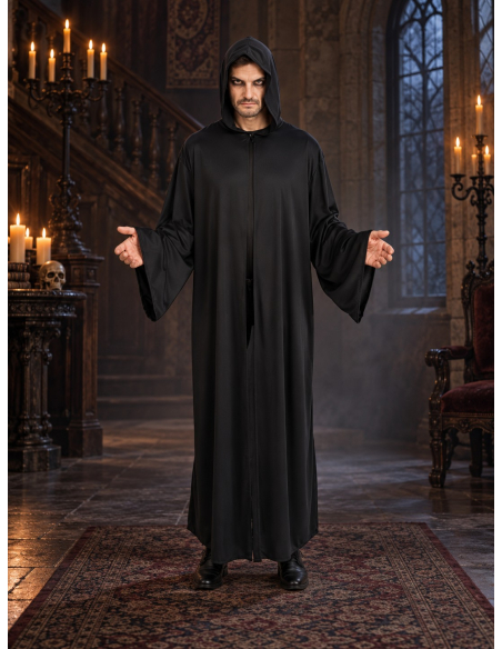 Cape noire à capuche homme 180 cm – Prêtre satanique Halloween