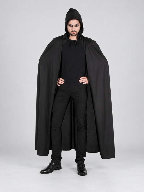 Cape noire longue à capuche homme 190 cm – Taille unique adulte