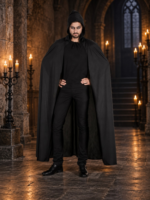 Cape noire longue à capuche homme 190 cm – Taille unique adulte