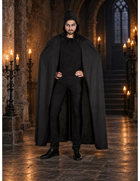 Cape noire longue à capuche homme 190 cm – Taille unique adulte
