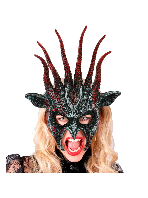 Masque démon noir et rouge à grandes cornes –...