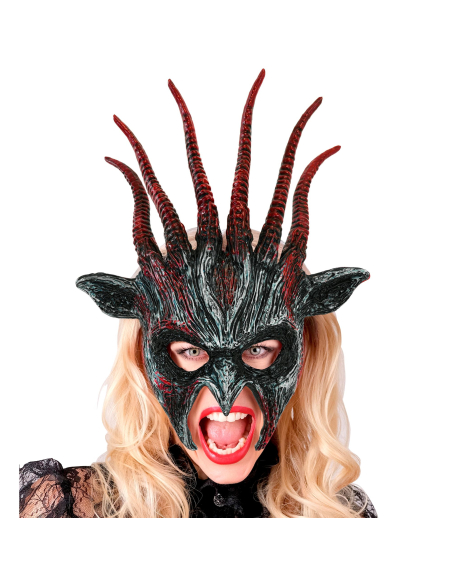 Masque démon noir et rouge à grandes cornes – Halloween adulte