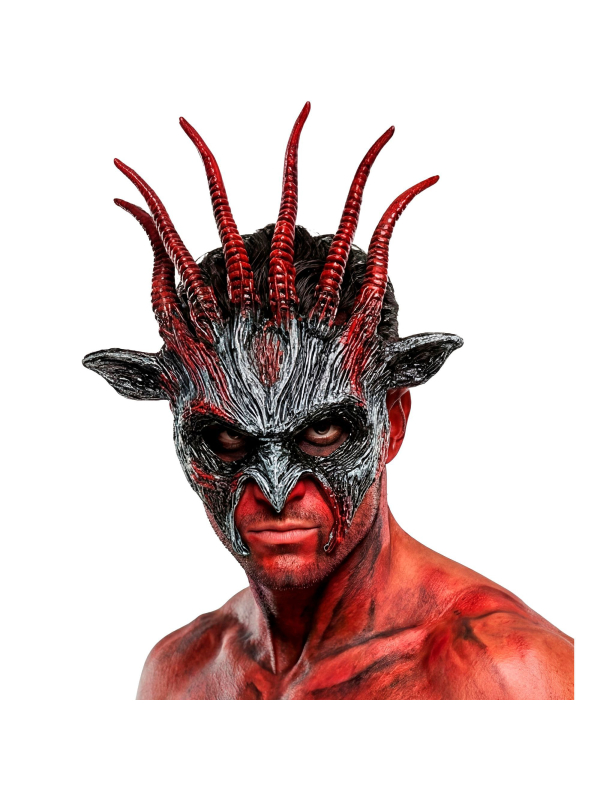 Masque démon noir et rouge à grandes cornes – Halloween adulte