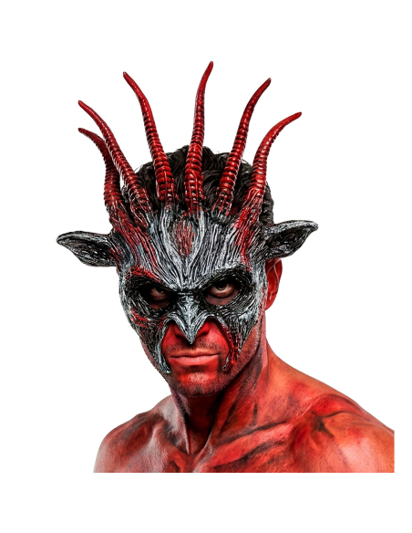 Masque démon noir et rouge à grandes cornes – Halloween adulte
