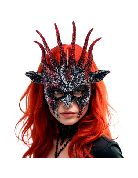 Masque démon noir et rouge à grandes cornes – Halloween adulte