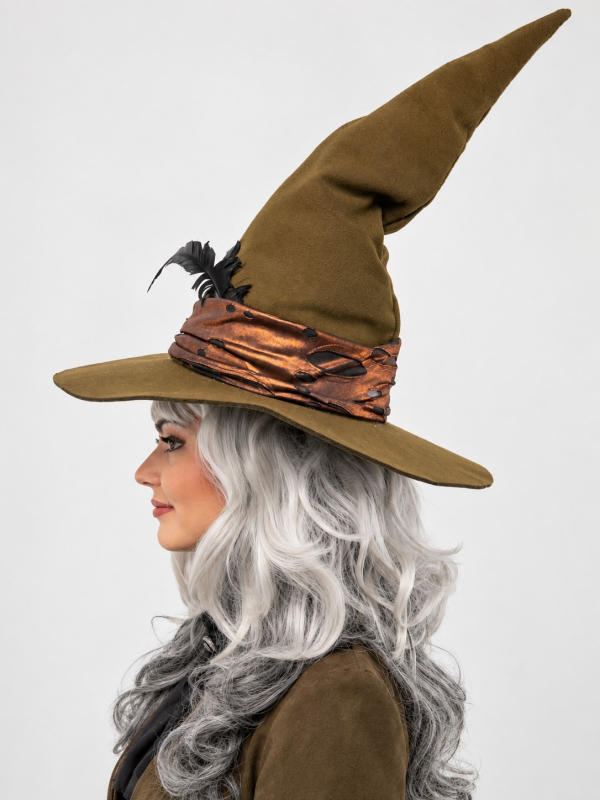 Chapeau sorcière premium olive avec plume – Minerva profil