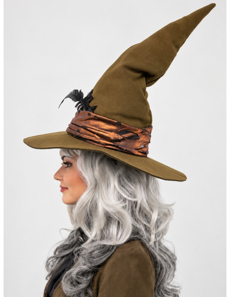 Chapeau sorcière premium olive avec plume – Minerva profil