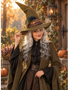Chapeau sorcière premium olive avec plume – Minerva