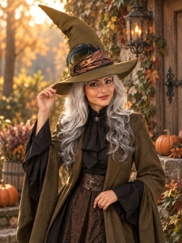 Chapeau sorcière premium olive avec plume – Minerva