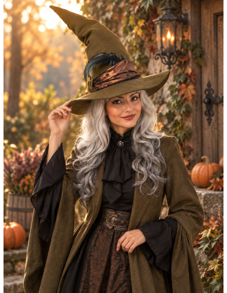 Chapeau sorcière premium olive avec plume – Minerva