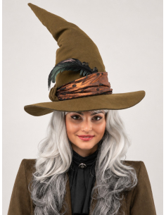 Chapeau sorcière premium olive avec plume – Minerva 2