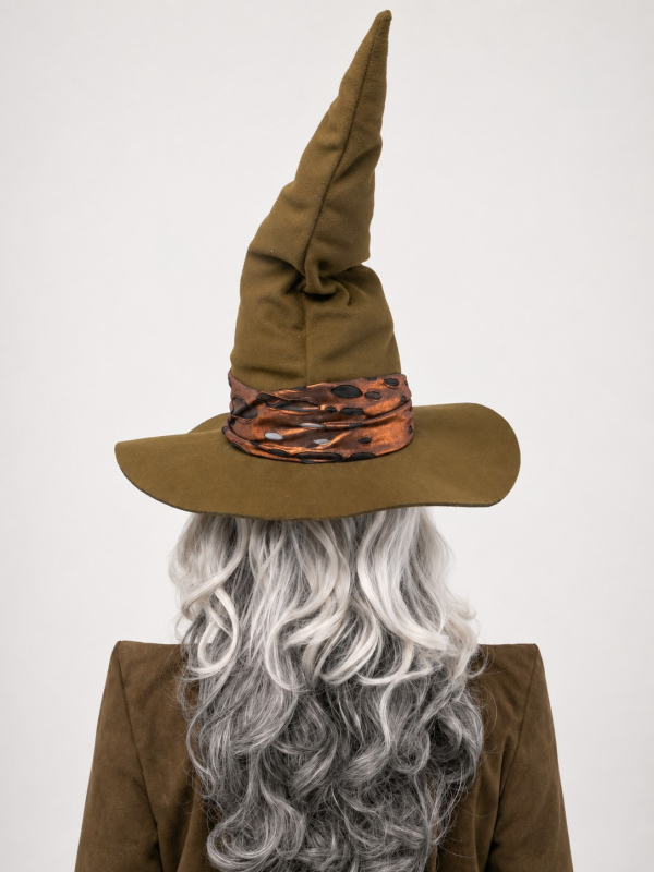 Chapeau sorcière premium olive avec plume – Minerva dos