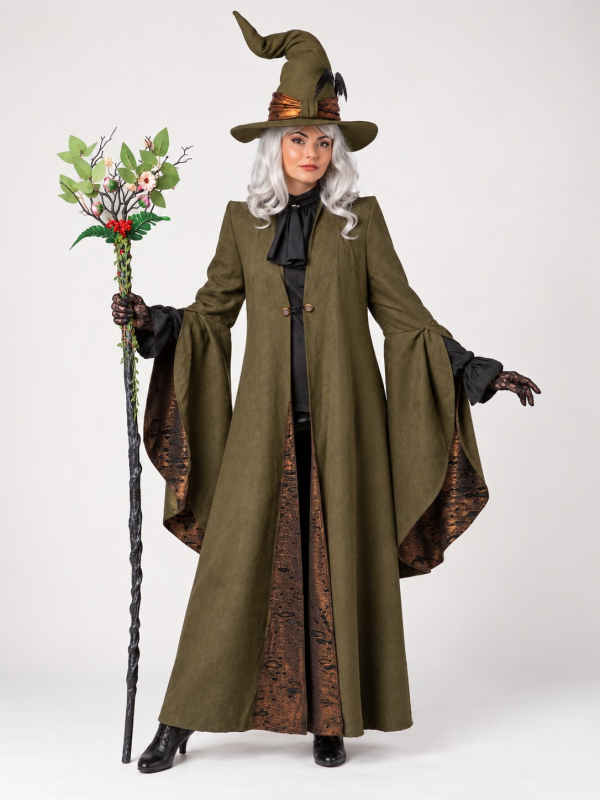 Manteau de sorcière premium olive à manches évasées – Minerva