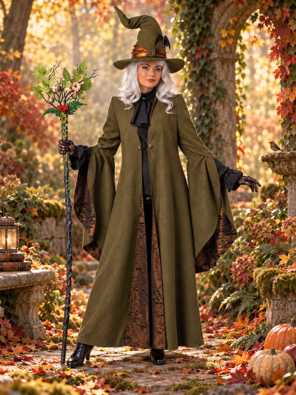 Manteau de sorcière premium olive à manches évasées – Minerva