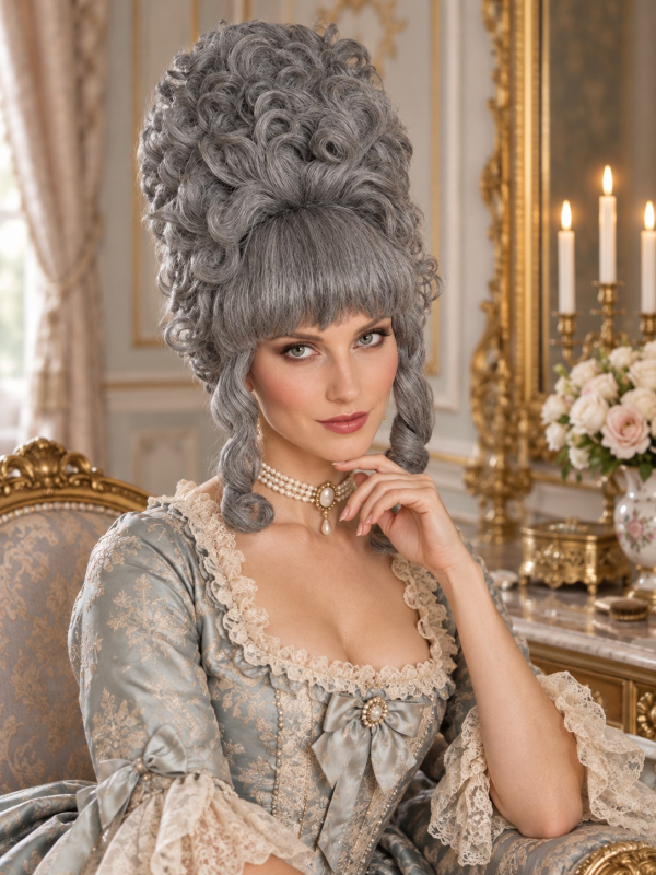 Perruque aristocrate grise haute – Marquise XVIIIᵉ siècle face