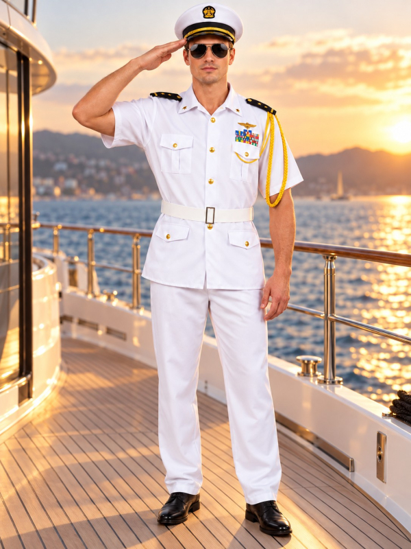 Déguisement capitaine de marine américain homme – Uniforme blanc vue mer
