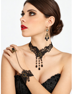 Kit bijoux gothiques femme noir – Collier, boucles d’oreilles et bracelet-bague1
