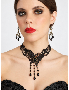 Kit bijoux gothiques femme noir – Collier, boucles d’oreilles et bracelet-bague1 2