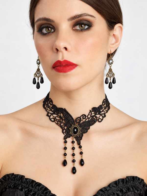 Kit bijoux gothiques femme noir – Collier, boucles d’oreilles et bracelet-bagueface