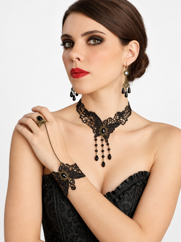 Kit bijoux gothiques femme noir – Collier, boucles d’oreilles et bracelet-bague3/4