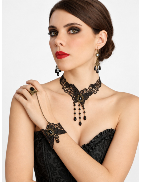 Kit bijoux gothiques femme noir – Collier, boucles d’oreilles et bracelet-bague3/4
