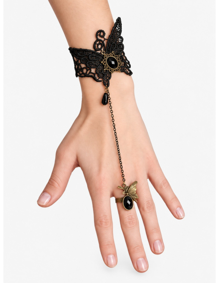 Kit bijoux gothiques femme noir – Collier, boucles d’oreilles et bracelet-bague main