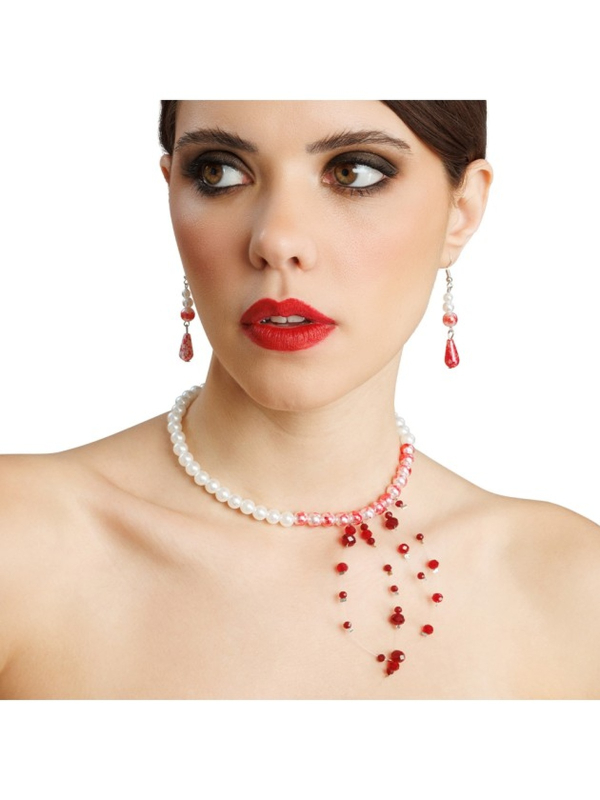Kit collier et boucles d’oreilles perles ensanglantées femme