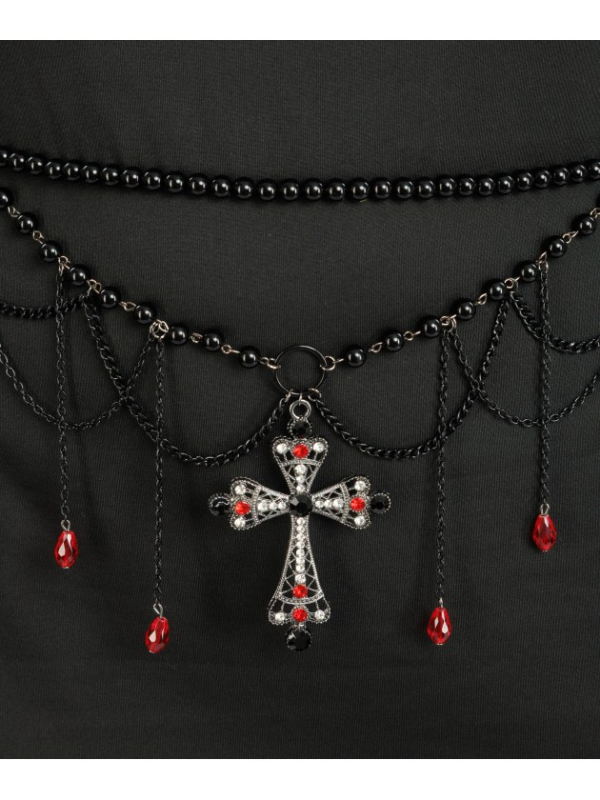 Ceinture gothique femme perles noires et croix rouge