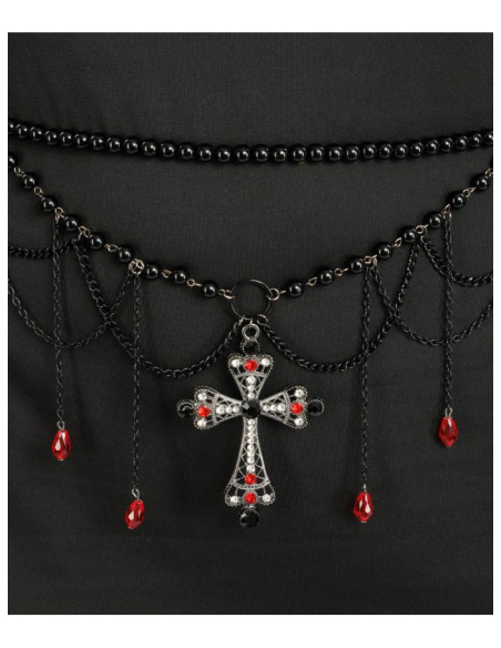 Ceinture gothique femme perles noires et croix rouge
