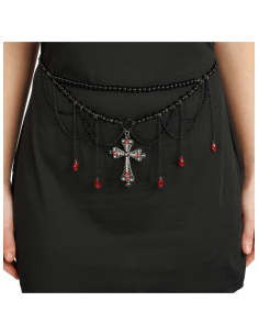 Ceinture gothique femme perles noires et croix rouge 2